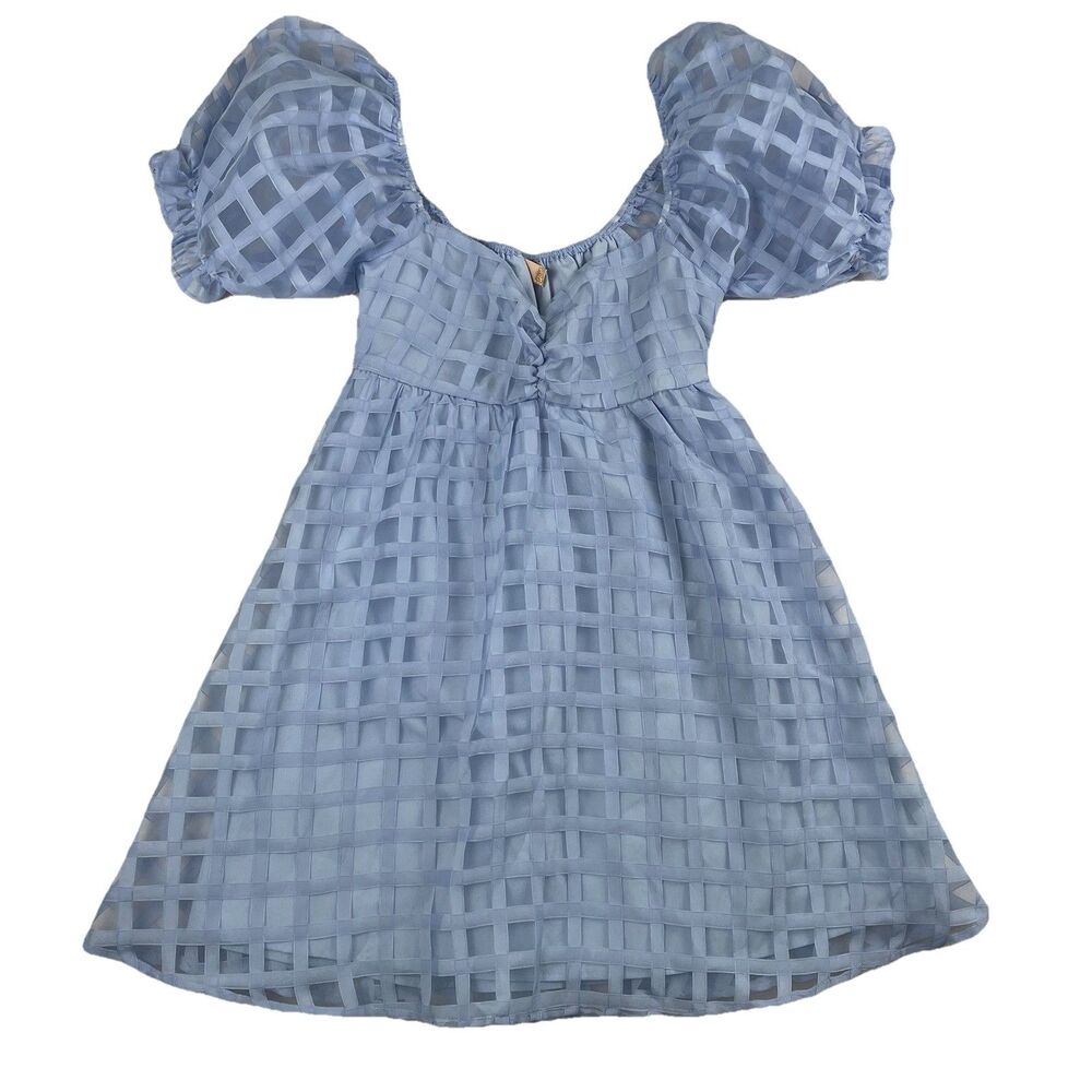 Babydoll Puff Sleeve Mini Dress Light Blue Sheer Princess Fairy Kawaii-S